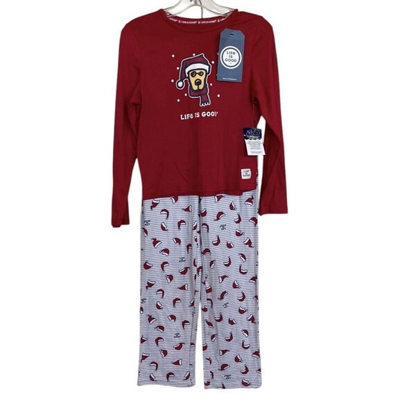 LIFE IS GOOD Red Rocket Santa Hat Pajama Set Kids Size 8 Red Shirt Pants New - Picture 1 of 9